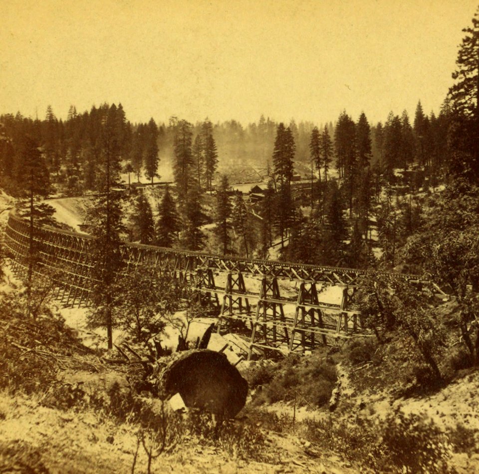 Secret Town Bridge, 1,100 feet long. 62 miles from Sacramento, by Watkins, Carleton E., 1829-1916 (cropped)