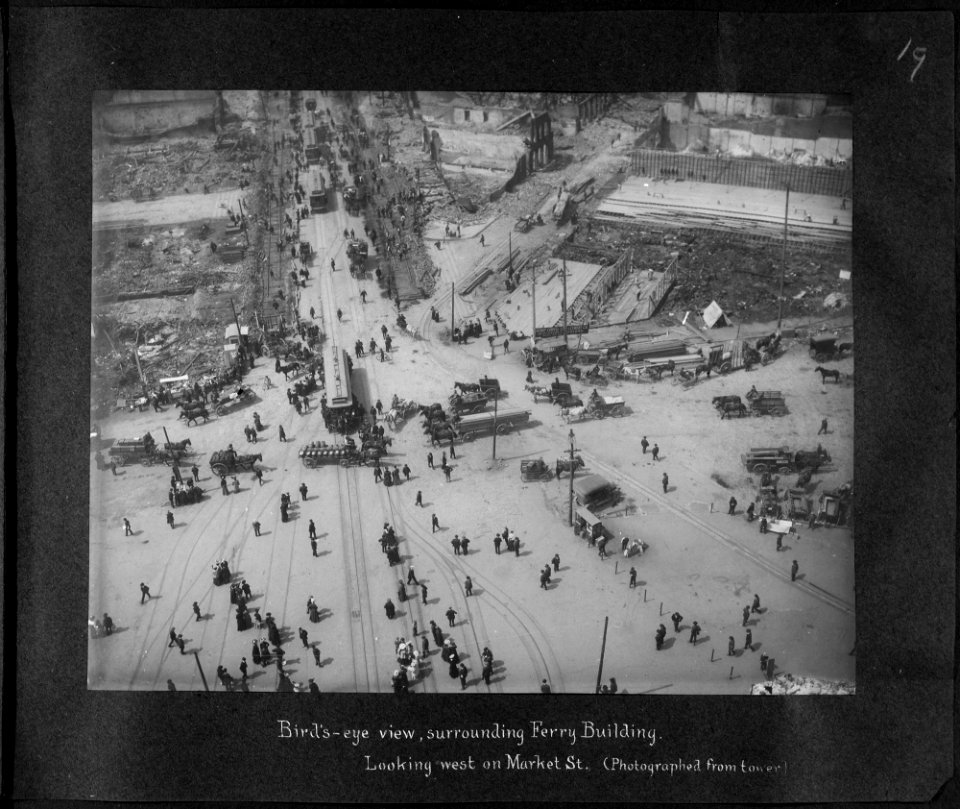 San Francisco Earthquake of 1906, Bird's-eye view, surrounding Ferry Building. Looking west on Market Street.... - NARA - 524397