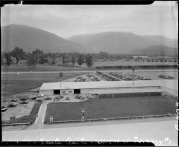 Santa Anita Assembly Center, Arcadia, California. Bird's-eye view of warehouse at Santa Anita assem . . . - NARA - 537030 photo
