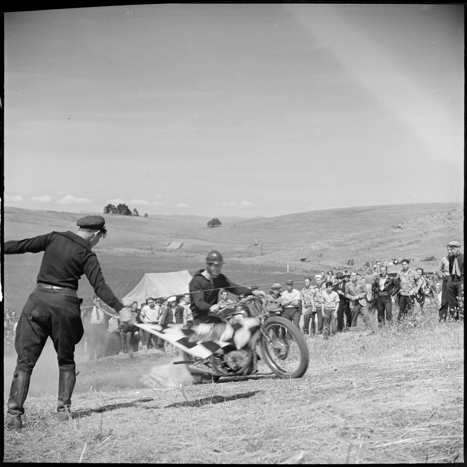 Santa Clara County, California. Motorcycle and Hill Climb Recreation. Breaking the starting tape - NARA - 532253