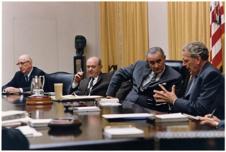 Secretary of Defense Clark Clifford speaks to President Lyndon B. Johnson in Cabinet Room meeting with Senator... - NARA - 192581