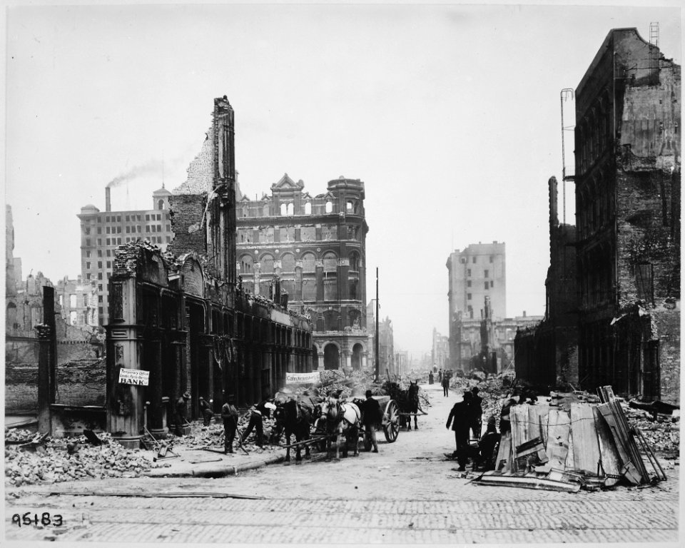 San Francisco Earthquake of 1906, This area, looking north from the junction of Sansome and Bush Streets, is known as... - NARA - 531046