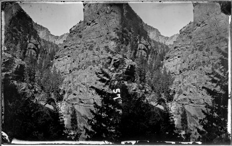 Side Canyon. Lodore Canyon, Angel's Whisper. Note human figure middle on ledge, very small. Same as 626. - NARA - 517911 photo
