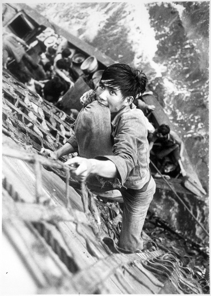 South China Sea....A Vietnamese Refugee with his belongings secured in between his teeth, climbs a cargo net to the... - NARA - 558537