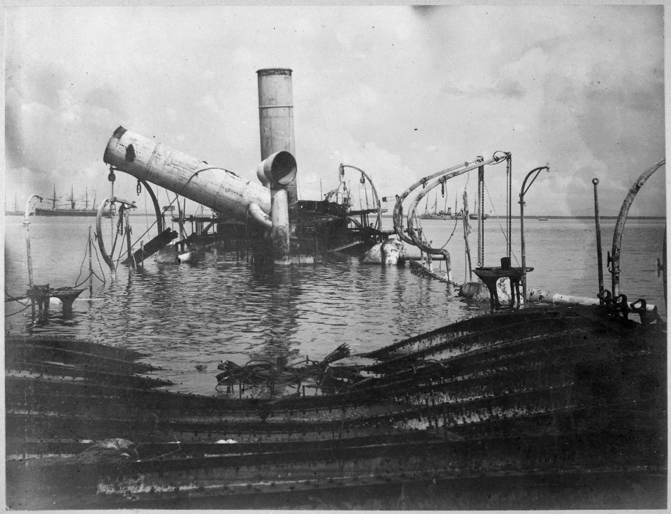 Spanish warship Reina Christina, Admiral Montojo's flagship-completely destroyed by Dewey, Cavite, May 1st, 1898.Greely - NARA - 524385