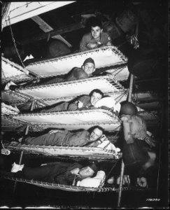 Soldiers in bunks on Army transport, S.S. Pennant, Port of Embarkation, San Francisco, California, November 1, 1942. - NARA - 531157