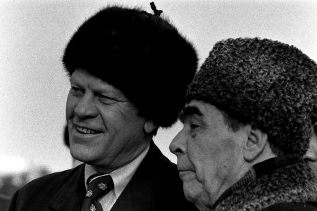 Soviet General Secretary Leonid Brezhnev greets President Ford - NARA - 7140619