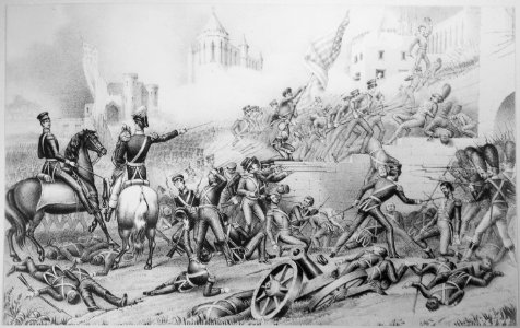 Storming of Monterey. Attack on the Bishop's Palace. September 1846. Copy of lithograph by Kelloggs & Thayer, circa - NARA - 531093