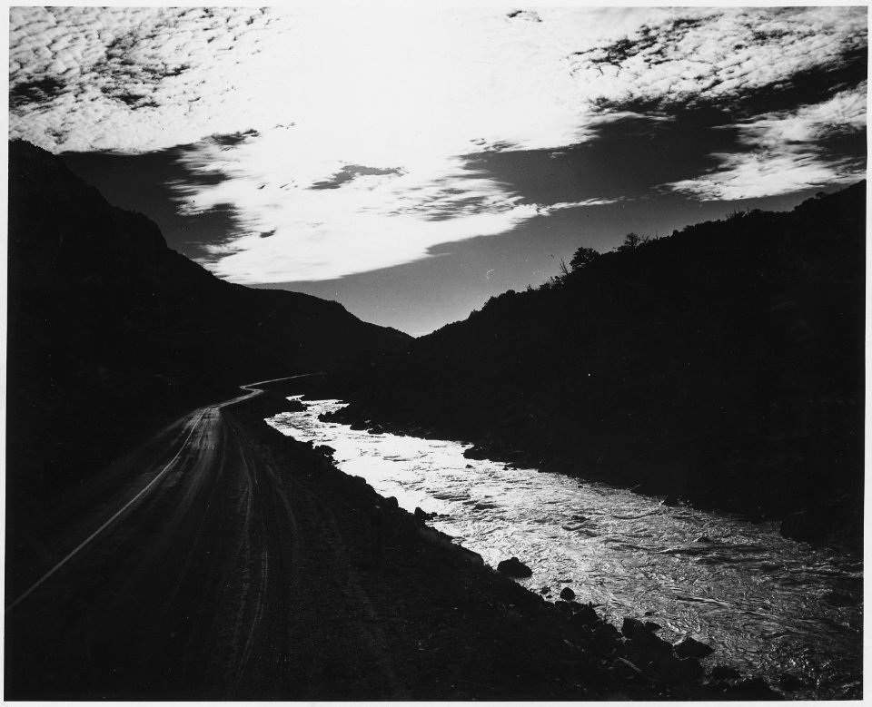 Taos County, New Mexico. Road to Taos from Santa Fe follows river through the mountains between the . . . - NARA - 522008