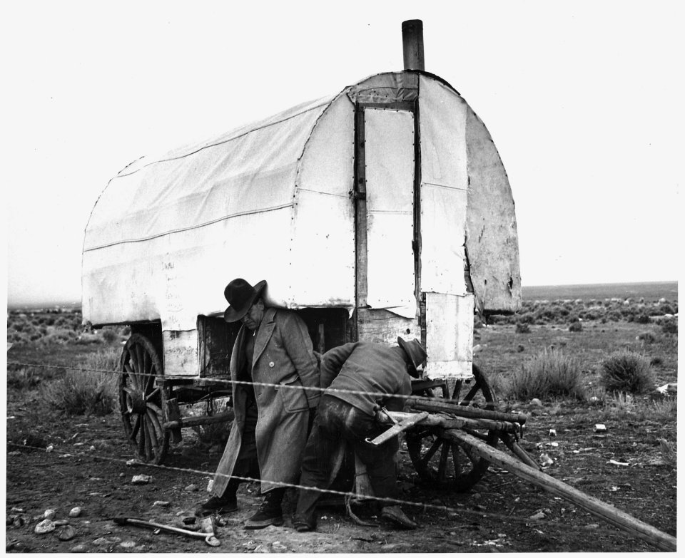 Taos County, New Mexico. So that the wheels of this sheep herder's wagon may be greased for the tri . . . - NARA - 521948