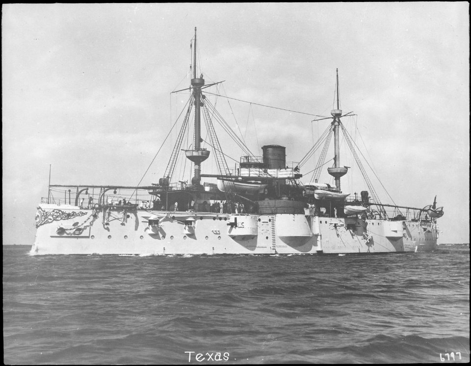 Texas (unnumbered), renamed the San Marcos. Port bow, underway, ca. 1900 - NARA - 512957