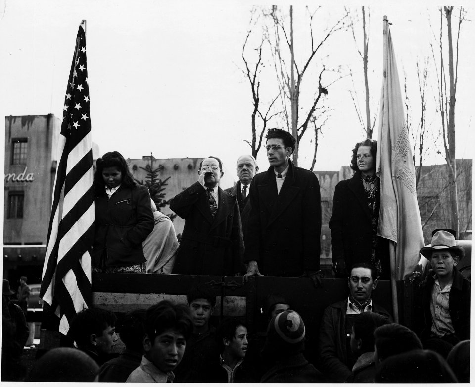 Taos County, New Mexico. War rally in Taos plaza, on news of declaration of war. Dec. 11. Meeting . . . - NARA - 521906