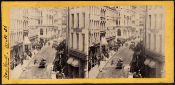 The bulls and bears in gold. William Street, in front of the Hole in the Wall, from Robert N. Dennis collection of stereoscopic views