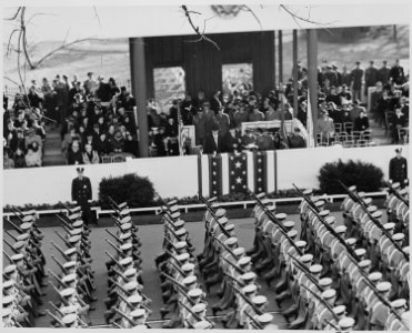 The cadets of West Point pass by President Truman and Vice President Alben Barkley during the inaugural parade. - NARA - 200056