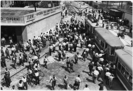 Terni, Italy. Photo shows steel workers streaming out of the Terni steel plant, north of Rome - NARA - 541735