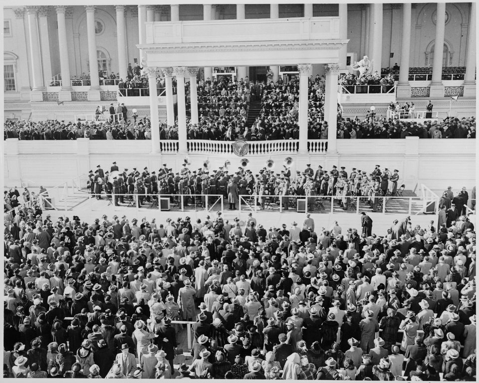 The inauguration of President Harry S. Truman and Vice President Alben W. Barkley. The shot is taken from a distance... - NARA - 199973