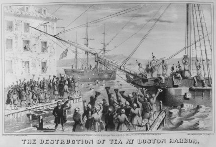 The Destruction of Tea at Boston Harbor. 1773. Copy of lithograph by Sarony & Major, 1846., 1931 - 1932 - NARA - 532892