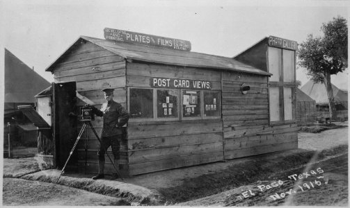 The Studio, Camp of 16th Infantry, El Paso, Texas. (The photographer Beckett) in corporal's uniform beside his studio ca - NARA - 533142 photo