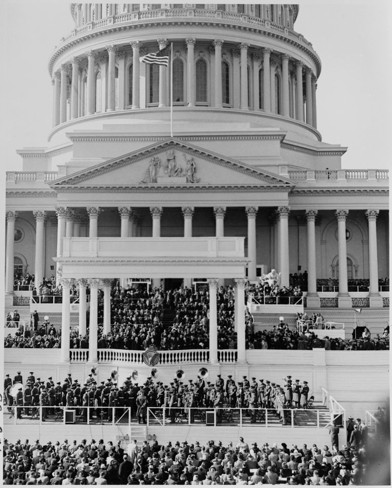 The inaugural stand in front of the Capitol Building, Washington, DC. A shot taken from a distance, showing the... - NARA - 199970