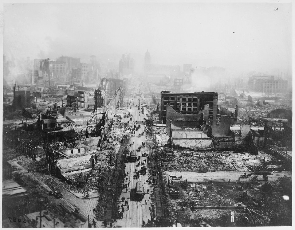 The ruins of San Francisco, still smoldering after the 1906 earthquake, taken from the tower of the Union Ferry Building - NARA - 531006
