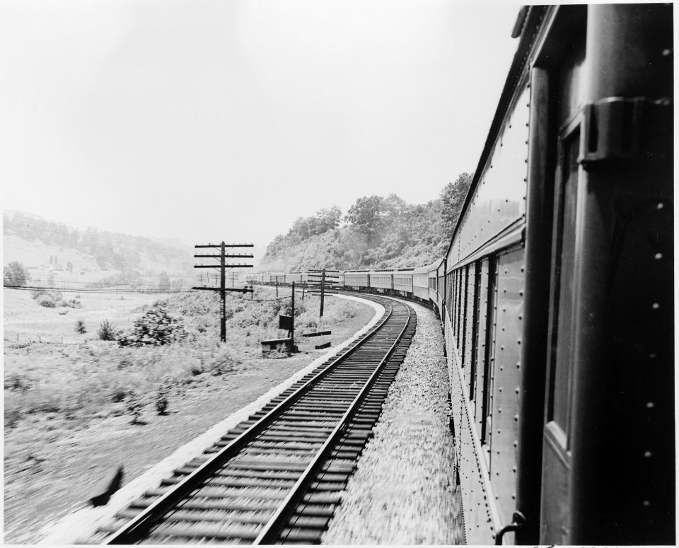 The presidential train on its way to or departing from Bolivar, Missouri. President Harry S.Truman dedicated a statue... - NARA - 199879