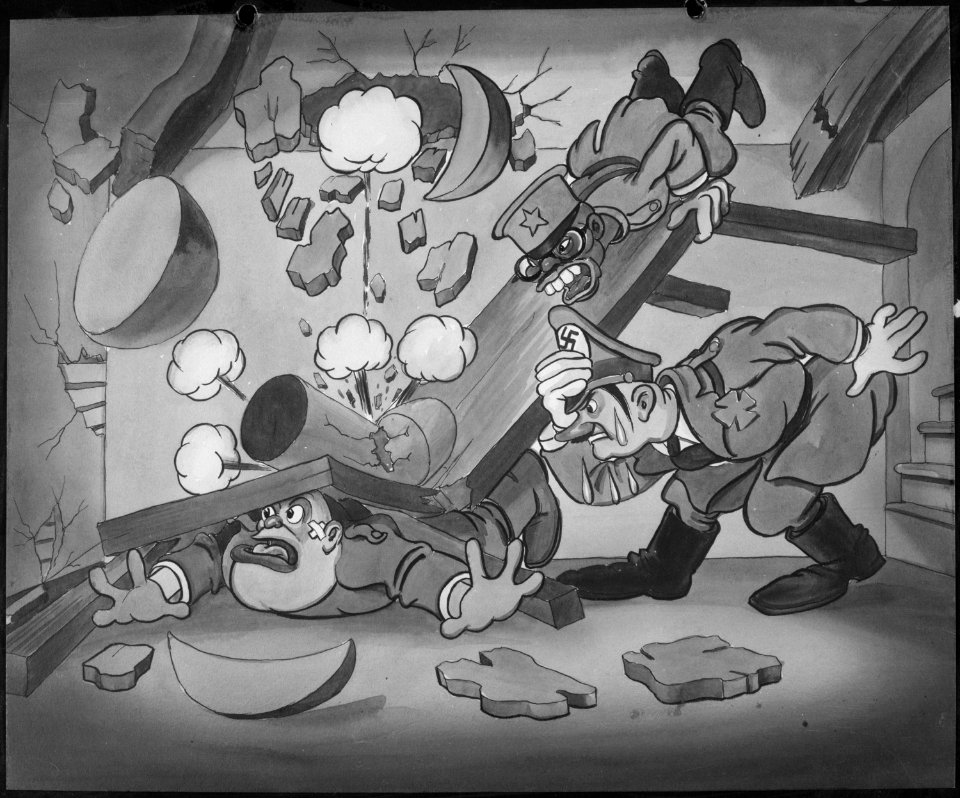 There is no place safe from their attack. Watercolor cartoon drawing for filmstrip, The Fruits of Aggression. - NARA - 541825