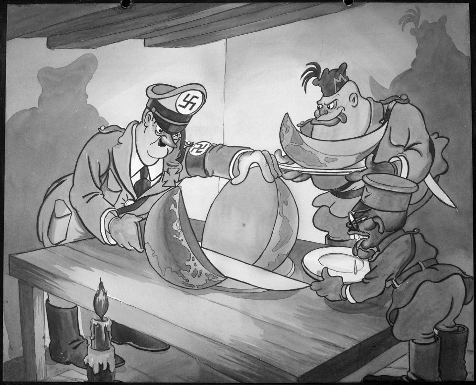 To another-Asia and the Pacific Ocean^ Watercolor cartoon drawing for filmstrip, The Fruits of Aggression. - NARA - 541824