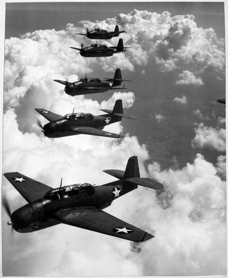 TBF (Avengers) flying in formation over Norfolk, Virginia - NARA - 520789
