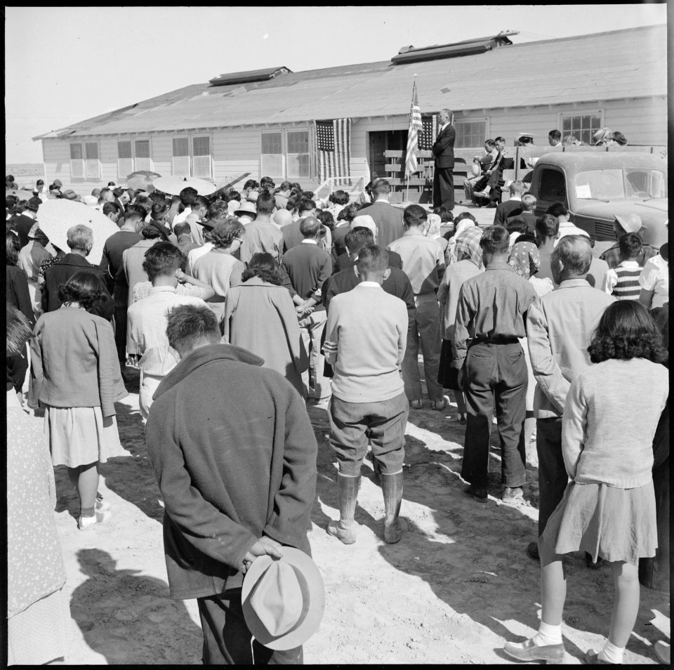 Topaz, Utah. An evacuee resident, who is a Christian minister, opens the hospital dedication with a . . . - NARA - 538724
