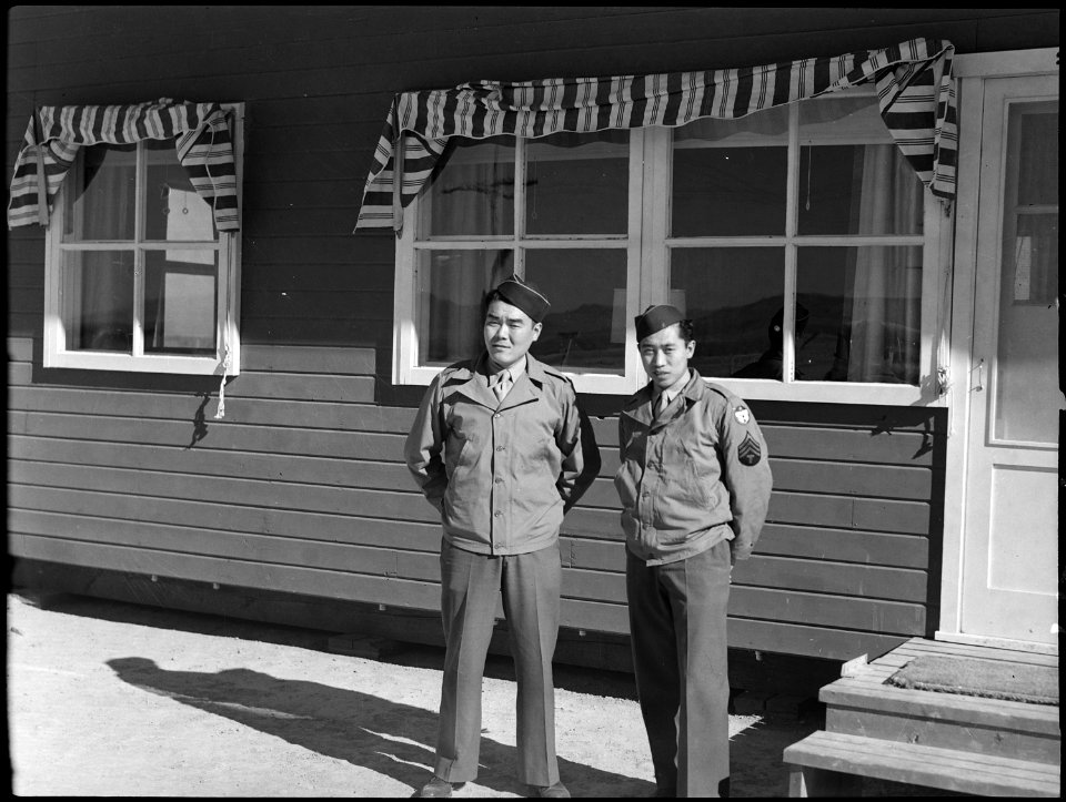 Topaz, Utah. Back from the fighting front on furloughs to visit their families at Topaz Relocation . . . - NARA - 539513
