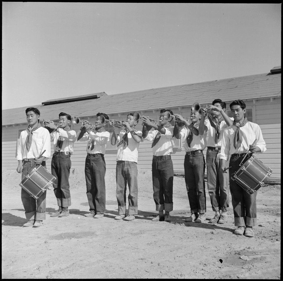 Topaz, Utah. A drum and bugle corp, formerly a boy scout unit in Los Angeles, performs at the dedic . . . - NARA - 538707