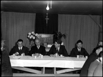 Topaz, Utah. Rev. E. Stanley Jones, leader of traveling missionary team, enjoys tea during conferen . . . - NARA - 539509