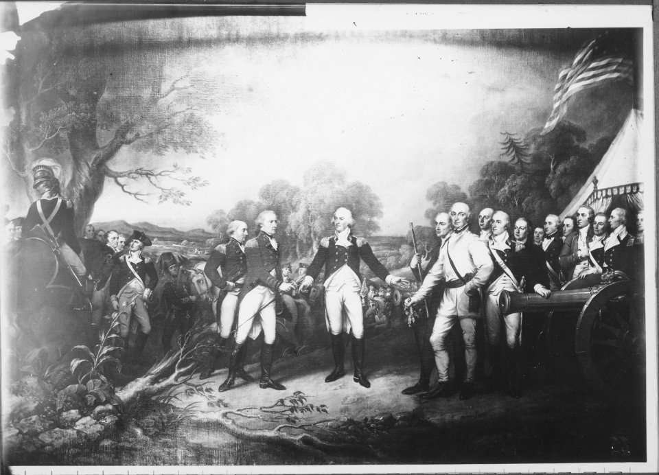 The Surrender of General Burgoyne at Saratoga. October 1777. Copy of painting by John Trumbull, 1820-21, 1899 - 1932 - NARA - 512777