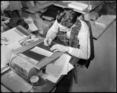 Topaz, Utah. Masomi Yano, former newspaper worker on a Japanese language newspaper in San Francisco . . . - NARA - 536984