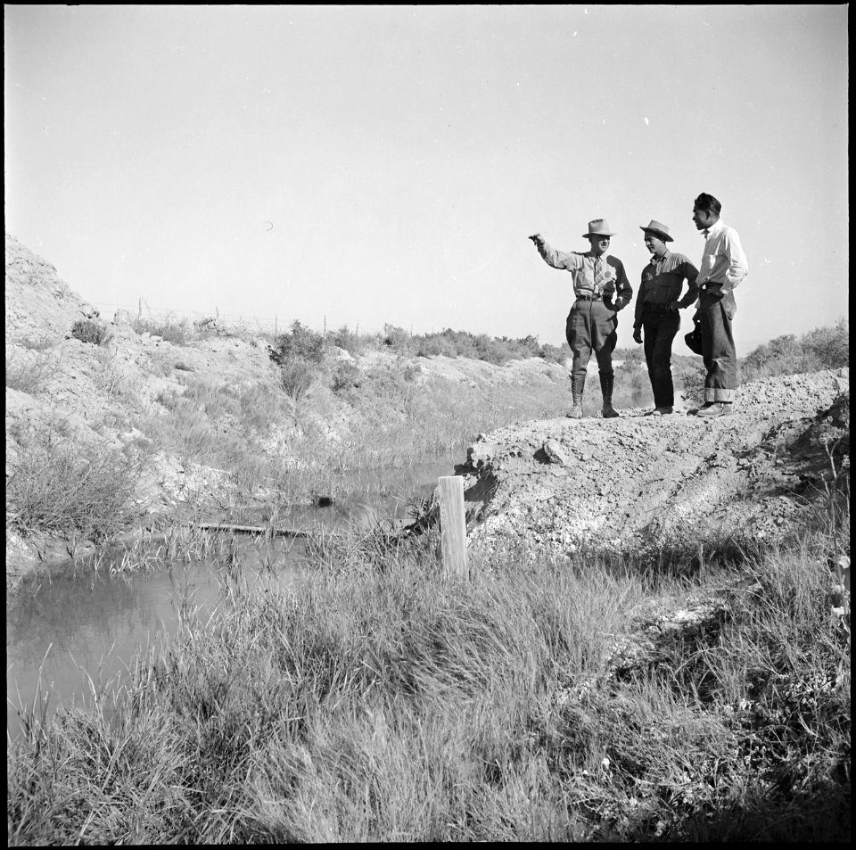 Topaz, Utah. Young volunteer Nisei agricultural foreman inspects site for the drainage ditch bridge . . . - NARA - 538681
