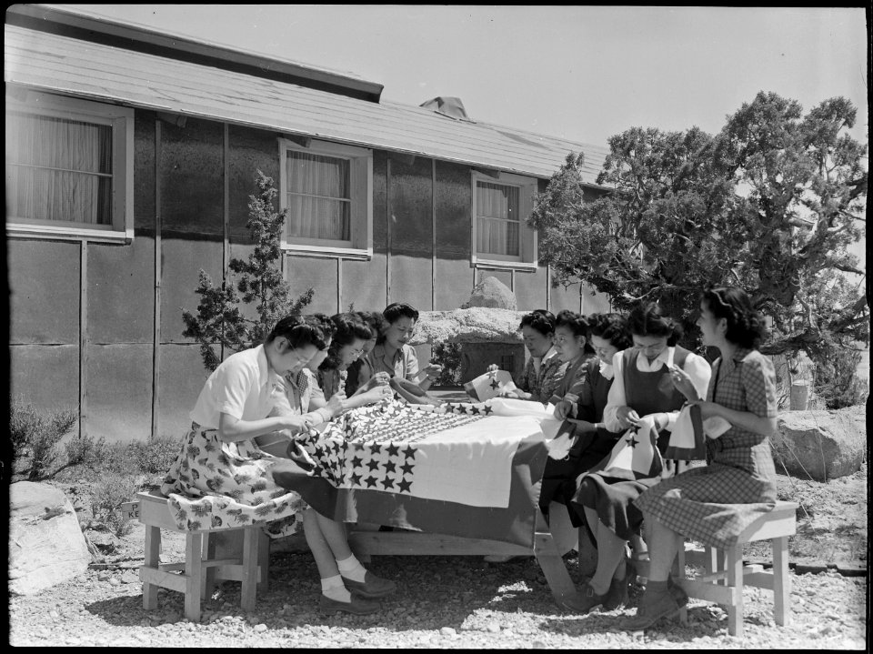Topaz, Utah. The sewing class teachers at Topaz making the service flag. - NARA - 537265