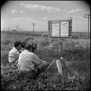 Tule Lake Relocation Center, Newell, California. (L to R) Frank Vail, newsreel cameraman for Pathe, . . . - NARA - 537142