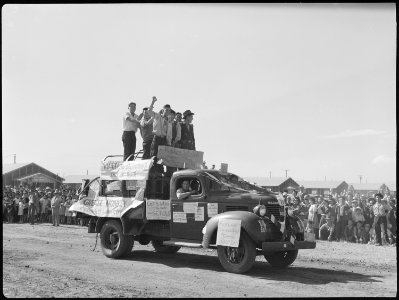Tule Lake Relocation Center, Newell, California. A parade was held by evacuees to celebrate labor d . . . - NARA - 538424