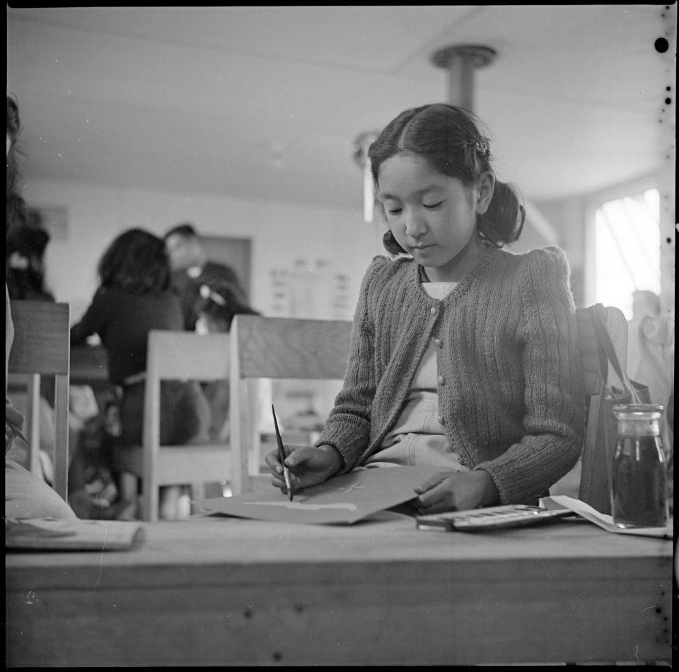 Tule Lake Relocation Center, Newell, California. A sixth grade pupil in the classroom. Miss Mae He . . . - NARA - 536354