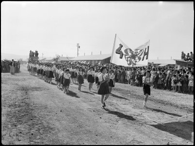 Tule Lake Relocation Center, Newell, California. A parade was held by evacuees to celebrate labor d . . . - NARA - 538421