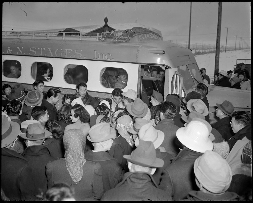 Tule Lake Relocation Center, Newell, California. A large group of friends wish bon voyage to a grou . . . - NARA - 536956