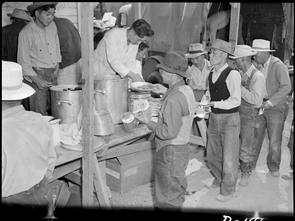 Tule Lake Relocation Center, Newell, California. A view in the lunch shed at the farm. Trucks from . . . - NARA - 538332