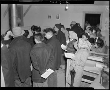 Tule Lake Relocation Center, Newell, California. Absentee voters of Japanese descent getting ballot . . . - NARA - 536511