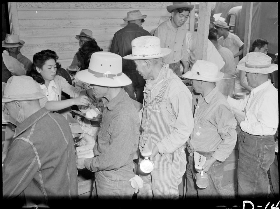 Tule Lake Relocation Center, Newell, California. A view in the lunch shed at the farm. Trucks from . . . - NARA - 538336