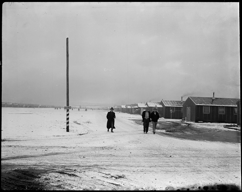Tule Lake Relocation Center, Newell, California. A winter time scene looking east down the main fir . . . - NARA - 536952