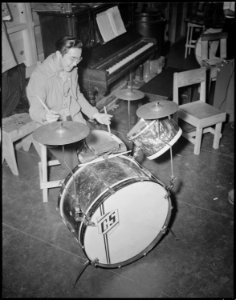 Tule Lake Relocation Center, Newell, California. Drummer in Woodie Ichihashi band. - NARA - 536497
