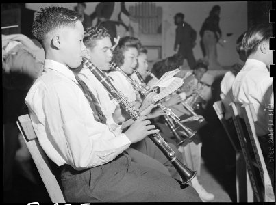 Tule Lake Relocation Center, Newell, California. Evacuee band plays a stirring march at the beauty . . . - NARA - 538462