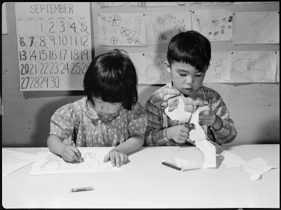 Tule Lake Relocation Center, Newell, California. Drawing time in the Nursery School. - NARA - 538343