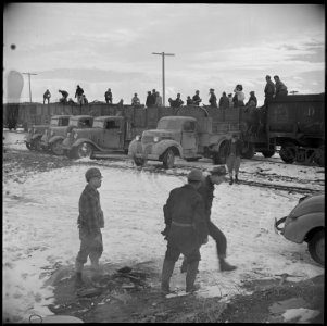 Tule Lake Relocation Center, Newell, California. Evacuee workers unload coal at Staley Junction, wh . . . - NARA - 536911
