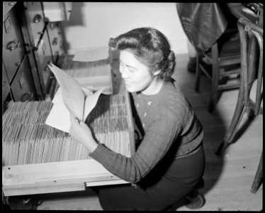 Tule Lake Relocation Center, Newell, California. Filing clerk, Hana Uyeno. - NARA - 536683